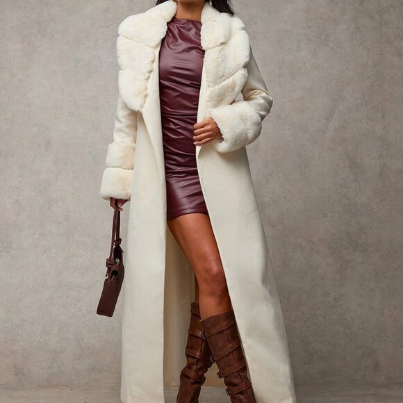 Apricot Elegant Women's Long Fluffy Shawl Coat - Picture 3 of 7